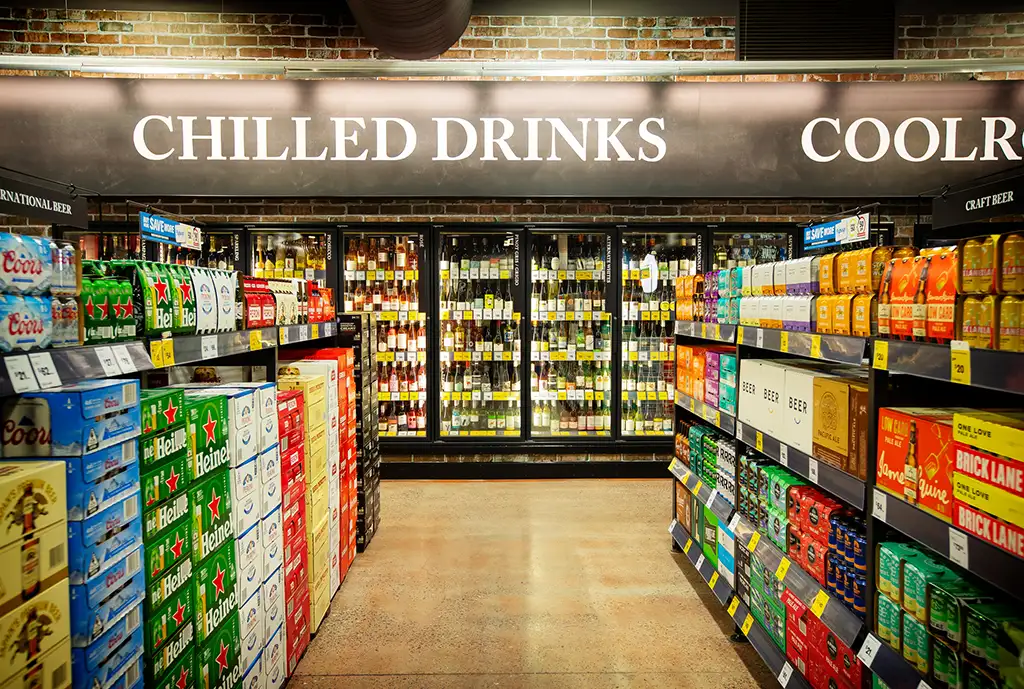 Chilled drinks aisle in a Coles Liquor store